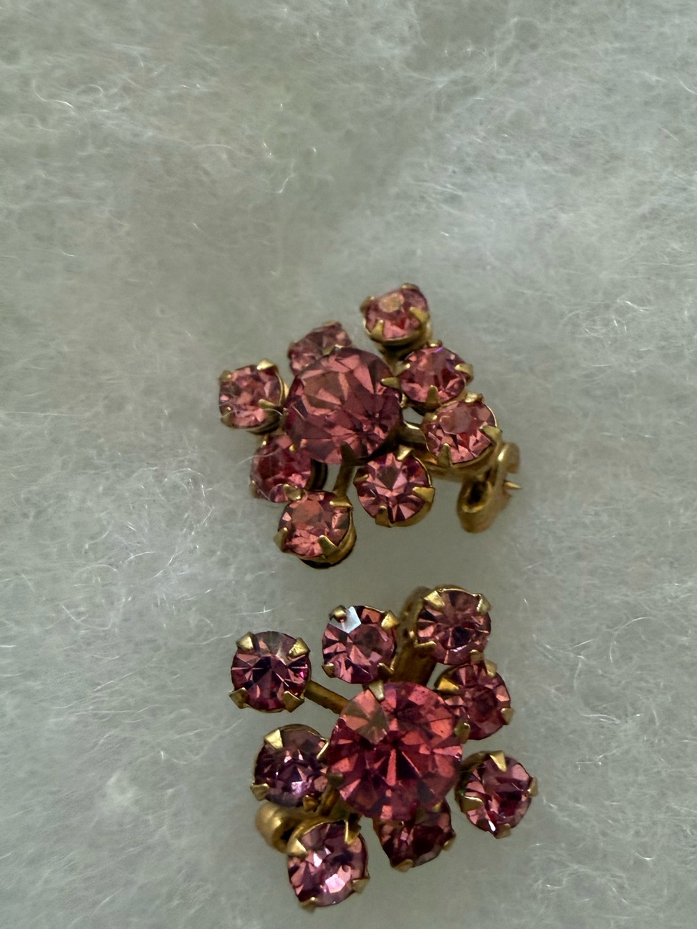 Vintage Pink Floral Rhinestone Pins (Pair) | Gold‑Tone | 1960s–70s